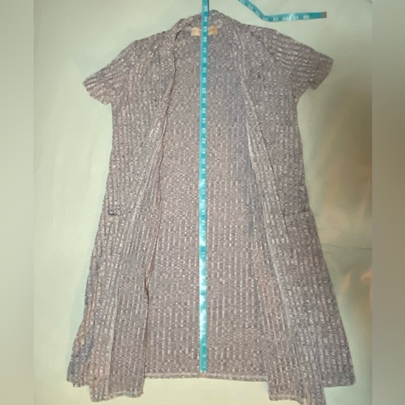 Short Sleeve, Long Open-Front Ribbed Cardigan, Navy/Grey - Picture 5 of 6